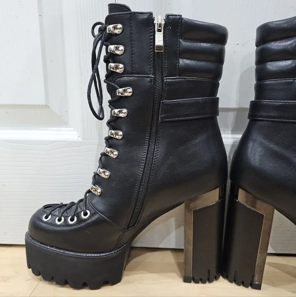 Dolls Kill Punk Goth Azalea Wang Mel Black Lace Up Buckle Mel Ankle Boots 9 New - Picture 4 of 10
